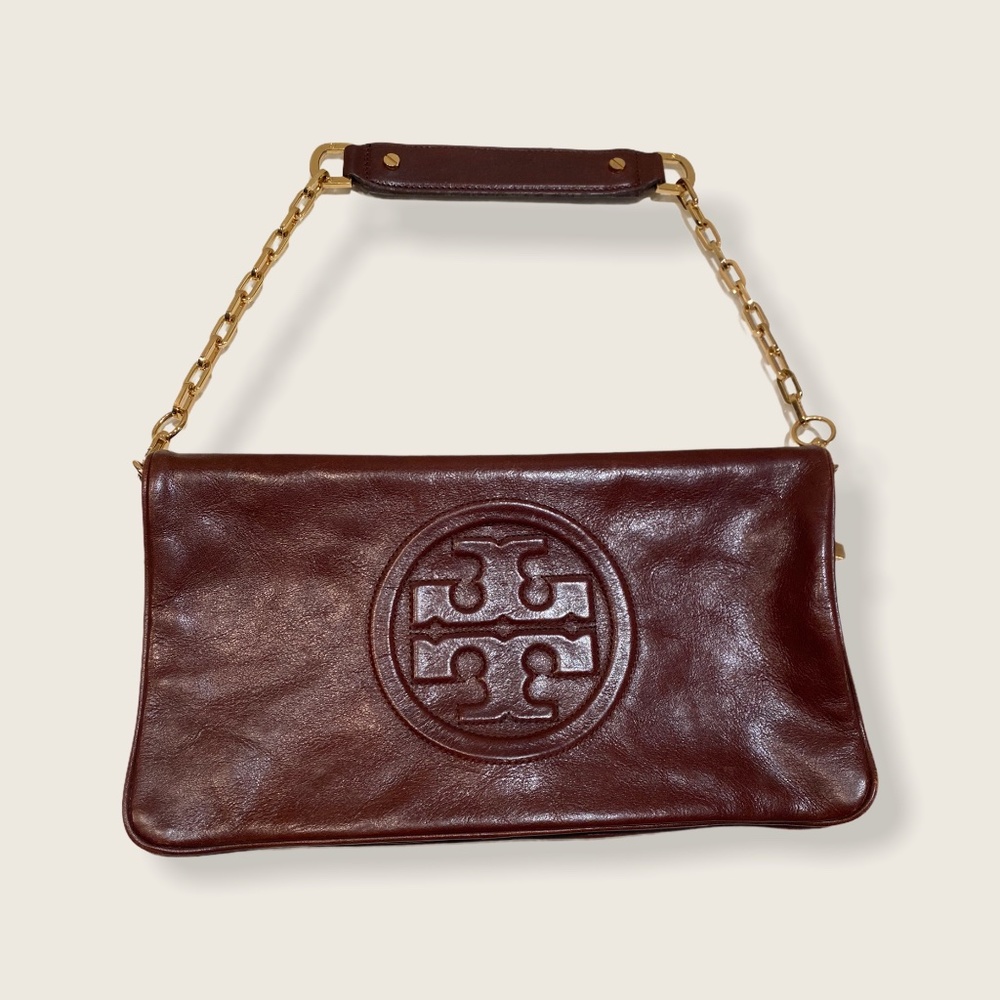 Authenthic Tory Burch Brown Reva Bombe Clutch